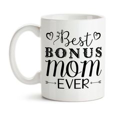 a white coffee mug with the words'best mom ever'in cursive writing