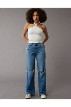 Dreamy, drapey stretch fabric/Soft & lightweight/Medium wash Casual High Rise 4-way Stretch Jeans, Casual High Rise Jeans With 4-way Stretch, Casual High-rise Jeans With 4-way Stretch, Light Wash Wide Leg Jeans Outfit, Wode Leg Jeans, Virgin Aesthetic, Wide Leg Jeans Outfit, Aerie Bras, Curvy Jeans