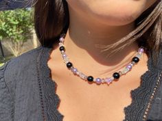 Their adorable necklace is such a perfect staple piece!  16in long Please message me if you have any questions!! Happy shopping Y2k Necklaces Beads, Y2k Adjustable Beaded Necklaces, Black And Pink Beaded Necklace, Goth Beaded Necklace, Pink Beaded Y2k Necklace, Purple Beaded Necklace, Necklace Star, Purple Beaded, Necklace Beaded