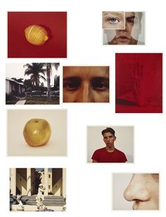 a collage of photos with an apple and man's face in the middle