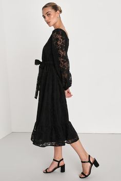 You won't regret adding the Lulus Keep It Sophisticated Black Floral Burnout Ruffled Midi Dress to your rotation of classy dresses! Sheer woven organza, with a floral burnout motif throughout, lays atop a black knit liner as it shapes this sweet dress with a square neckline framed by long, sheer balloon sleeves with elasticized cuffs. Lightly gathered bodice tops an elasticized waist (accented by a sash tying detail) that falls to a skater midi skirt with a tiered, ruffle hem. Fit: This garment Feminine Black Midi Dress With Ruffles, Black Midi Dress With Ruffle Sleeves, Black Bohemian Midi Dress With Ruffles, Urban Outfitters Black Floral Print Dress, Non-stretch Black Floral Print Midi Dress, Bodice Top, Midi Ruffle Dress, Sweet Dress, Full Skirt