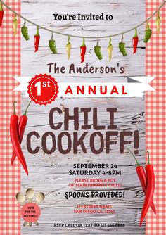 an advertisement for the annual chili cook off with peppers hanging from a line on a wooden background