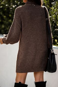 Brown Mock Neck Lantern Sleeves Sweater Dress Brown Knit Dresses For Fall, Fall Layering Dresses With Crew Neck, Crew Neck Dresses For Fall Layering, Chic Fall Sweater Dress With Crew Neck, Chic Crew Neck Sweater Dress For Fall, Long Sleeve Solid Sweater Dress For Fall, Long Sleeve Sweater Dress In Solid Color For Fall, V-neck Outerwear For Daywear In Fall, Casual Fall Sweater Dress