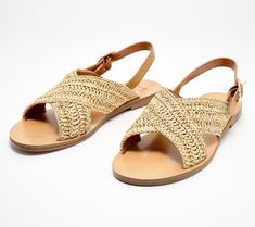 Perfect for a leisurely stroll through the farmer's market or your local shopping center, these flat sandals feature wide raffia straps and an adjustable buckle for a luxe, laid back look you'll love. From Marc Fisher LTD.    Original item is A604240. This product may be a customer return, vendor sample, or on-air display and is not in its originally manufactured condition. It may not be new. In some instances, these items are repackaged by QVC. Summer Beige Slingback Sandals With Adjustable Straps, Beige Slingback Sandals With Adjustable Straps For Summer, Adjustable Slingback Sandals For Vacation, Chic Beach Slingback Sandals With Adjustable Strap, Flat Slingback Sandals With Adjustable Straps For Vacation, Chic Slingback Sandals With Adjustable Strap For Beach, Natural Slingback Sandals With Woven Sole For Beach, Natural Color Slingback Sandals With Woven Sole For Beach, Summer Beach Woven Leather Slingback Sandals