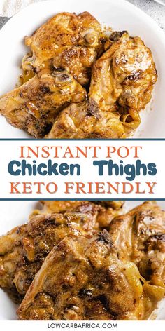 instant pot chicken thighs keto friendly on a white plate with text overlay that reads instant pot chicken thighs keto friendly