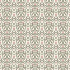 an old wallpaper pattern with pink flowers and leaves on white background, in shades of green