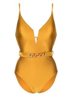 mustard yellow stretch-design chain-link detailing gold-tone hardware V-neck belted waist adjustable shoulder straps finished edge Be mindful to try on swimwear over your own garments. Sun Outfits, Swimsuit Yellow, Dream Boutique, Retro Silhouette, Rave Fits, 2022 Style, Yellow Swimsuits, Beachy Vibes, Swimsuit Sale