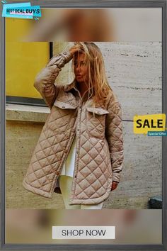 Women's Long Buttoned Lapel Loose Warm Rhombus Cotton Jacket Long Sleeve Diamond Quilted Outerwear For Fall, Fall Long Sleeve Outerwear With Diamond Quilting, Diamond Quilted Long Sleeve Outerwear For Fall, Casual Diamond Quilted Outerwear For Fall, Casual Outerwear With Diamond Quilting, Casual Diamond-quilted Outerwear For Fall, Casual Quilted Jacket With Diamond Quilting For Fall, Casual Diamond Quilted Jacket For Fall, Color Pick