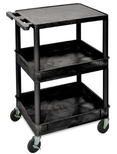 a black three shelf utility cart with wheels