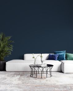 a white couch sitting next to a table with two plants on top of it in front of a dark blue wall