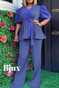 Bjux - Premium Fold V-Neck Plus Size Two-Piece Set with Exquisite Bandage Patchwork Design Blue V-neck Workwear Set, Elegant Purple V-neck Sets, Stretch V-neck Workwear Sets, Stretch V-neck Sets For Workwear, Purple V-neck Summer Sets, Hubble Bubble, Suit Type, Two Piece Jumpsuit, Plus Size Two Piece