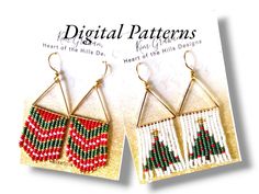 two christmas themed earrings are shown on the front and back of a brochure