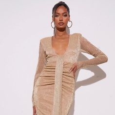 Gold Glitter Plisse Plunge Draped Midi Dress New With Tags Gold Glitter Dress For Holiday Party, Chic Gold Dress With Glitter, Gold Glitter Dress For Date Night, Chic Gold Glitter Dress, Glitter Gold Dress For Date Night, Glitter V-neck Dress For Holiday Party, Lurex Mini Dress For Date Night Party, Lurex Mini Dress For Date Night Party Season, Elegant V-neck Mini Dress With Glitter