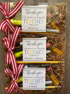 teacher appreciation gift idea for teachers with pencils and markers in a clear box on a wooden table