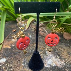 Orange Pumpkin Earrings Ceramic Pumpkin Earrings With Black Beads, Orange Rhinestone Barrel Beads, And Antiques Gold Ear Wire. Halloween Earrings, Pumpkin Earrings, Festive Earrings, Spooky Earrings, Orange Earrings, Jack O’ Latern Earrings Jack O Latern, Spooky Earrings, Earrings Ceramic, Ceramic Pumpkin, Orange Earrings, Pumpkin Earrings, Orange Pumpkin, Halloween Earrings, Pumpkin Orange