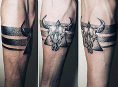 three different views of a man's arm with tattoos on it and an image of a bull skull