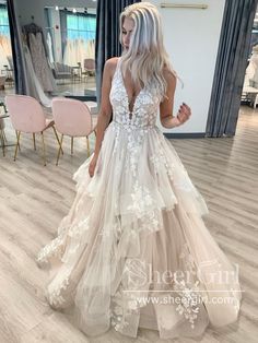 V Neckline Tired Tulle Ball Gown Lace Wedding Dress Floor Length AWD1828-SheerGirl Open Back Wedding Dress, Prom Dress Evening, Back Wedding Dress, Sparkle Wedding, Dresses Lace, Tulle Prom Dress