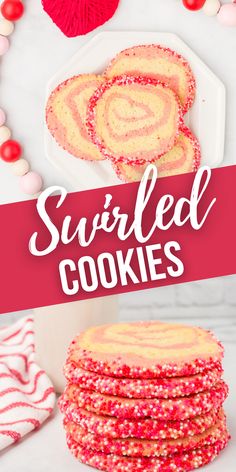 some cookies are stacked on top of each other with the words, swirled cookies