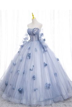 Blue Long Sleeves Tulle Prom Dress with Flowers, Puffy Off the Shoulder Quinceanera Dress Dresses Fancy Gowns, Off The Shoulder Quinceanera Dress, Prom Dress With Flowers, Blue Tulle Prom Dress, Extra Dresses, Pretty Quinceanera Dresses, Dress With Flowers, Gaun Fashion, Long Sleeve Prom