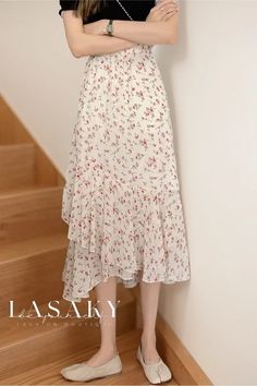 Lasaky - Elegant Floral Chiffon A-Line Maxi Dress with a Flattering Silhouette Spring Knee-length Georgette Chiffon Dress, Spring Georgette Dress With Flowy Skirt, Feminine Georgette Summer Dresses, Spring Knee-length Georgette Dresses, Casual Chiffon Dress With Flowy Skirt, White Fitted Casual Chiffon Dress, Fitted Chiffon Dress For Daywear, Flowy Floral Print Skirted Dress, Spring Chiffon Skirted Dress