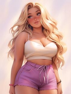 a drawing of a woman with long blonde hair wearing shorts and a bra top, standing in front of a white background