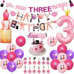 a birthday party with pink and purple decorations, balloons, cake, lipstick, perfume bottles, and other items