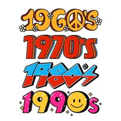 some type of graffiti font with smiley faces and numbers in different colors, including the word'70s's