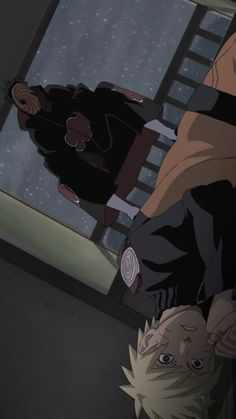 two anime characters standing next to each other in front of a window with snow falling on the ground