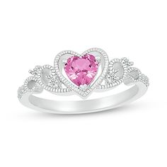 Who wouldn't love this darling lab-created gemstone heart ring? Sterling silver The ring features a 5.0mm heart-shaped pink lab-created sapphire center stone A milgrain detailed frame surrounds the heart Milgrain scrollwork dotted with white lab-created sapphires creates the ring's shank Valentine's Day Heart Ring With Birthstone In Cubic Zirconia, Valentine's Day Cubic Zirconia Birthstone Ring, Mother's Day Heart Cut Cubic Zirconia Heart Ring, Valentine's Day Pink Sterling Silver Birthstone Ring, Heart-shaped Pink Jewelry With Diamond Accents, Pink Heart-shaped Jewelry With Diamond Accents, Valentine's Day Heart Cut Cubic Zirconia Birthstone Ring, Heart-shaped White Gold Birthstone Ring For Valentine's Day, Pink Heart-shaped Birthstone Promise Ring