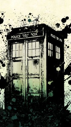 a painting of a green police box on a white background with black splatters