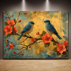 two blue birds sitting on a branch with red flowers in front of a yellow background