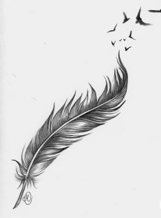 a drawing of a feather with birds flying around it