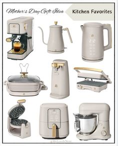 the kitchen appliances are all white and have gold trimmings