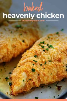 baked heavenly chicken on a plate with parsley