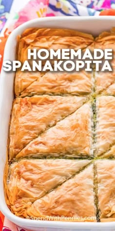 a casserole is shown with the words spanakopita on top and bottom