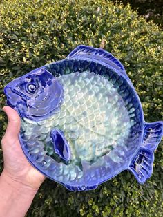 a hand holding a blue glass fish dish in front of some bushes and shrubbery