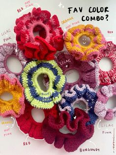 several crocheted hair ties are arranged in the shape of flowers with words above them