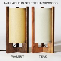 two wooden lamps with different types of paper on them and the words available in select hardwoods