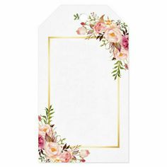 a white card with pink flowers and gold trimmings on the bottom, in front of a blank paper