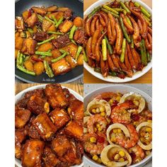 three different plates of food with meat and vegetables in them on a wooden table top