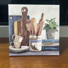 a painting of kitchen utensils in a jar on a table next to a potted plant