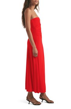 Take your next occasion by storm in this strapless stretch-jersey dress complete with subtle side ruching. 45 1/2" center front length (size Medium) Slips on over head Strapless Unlined 93% rayon, 7% spandex Dry clean or machine wash, line dry Imported Red Strapless Dress, Black Linen Dress, Satin Long Sleeve, Strapless Midi Dress, Favorite Daughter, Dress Home, Free Fabric, White Mini Dress, Nordstrom Dresses