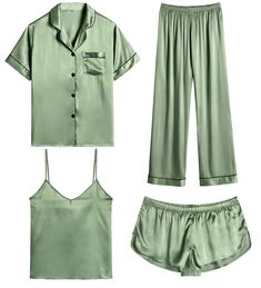 PRICES MAY VARY. 【Premium Material】--- This 4 piece pajama set is made of high-quality satin(95% Polyester, 5% Spandex), which is very soft, lightweight, and comfortable. This lightweight pajama set has a silky texture that will make you feel smooth and shiny, never pilling or fading, and help you sleep well, dreamlike. 【4Pcs Pajama Set】--- Women 4 pcs pjs sets include spaghetti strap cami top, a button-down short sleeve sleepshirt, a pair of shorts, a pair of long pants. This four-piece sets fo Bridal Sleepwear, Satin Pjs, Satin Sleepwear, Pajamas Sets, Button Down Short Sleeve, Cute Pajamas, Satin Pyjama Set, Satin Pajamas, Silk Pajamas