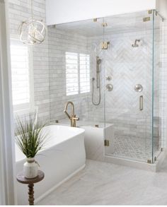 Master Bath Ideas White Cabinets, Large Shower Tile, Parisian Bathroom, White Bathrooms, Ginger Bath, White Marble Bathrooms, Bathroom Remodels, Bathroom Redesign