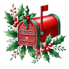 a christmas mailbox with holly and red berries