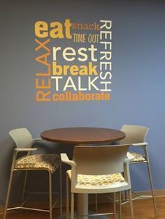 a table and chairs in front of a wall with words on it