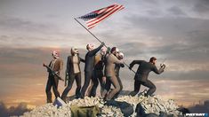 a group of people standing on top of a pile of rubble holding an american flag