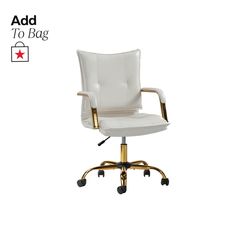 a white office chair with gold trimmings on the back and wheels, against a white background