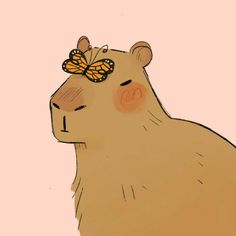 a brown bear with a butterfly on its head