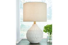 Wardmont White Table Lamp from Ashley - Luna Furniture Console Table Lamps, Transitional Lamps, Mirrored Picture Frames, Kids Headboard, Dining Room Storage, Retro Theme, Ceramic Table Lamp, White Table Lamp, Accent Lamp